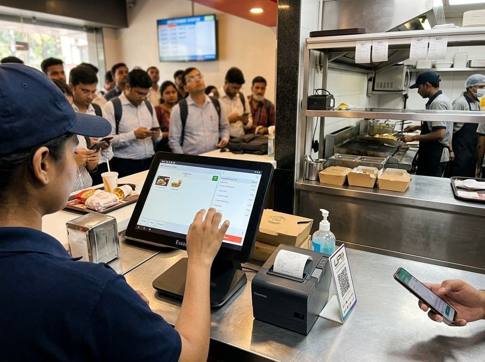 Cashier operating POS machine
