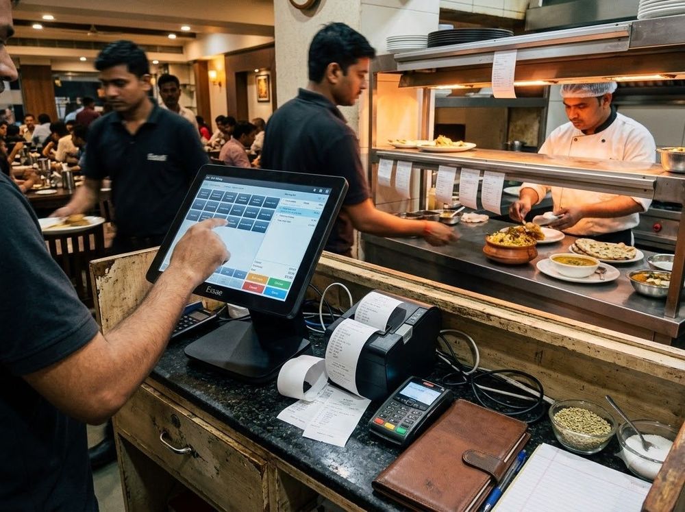 Cashier operating billing machine